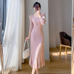 Prantsuse stiilis s&uuml;gistalv naiste volangidega kampsun kleit roosa aprikoosi must punane trompet kudumiskleit Elegantne naiselik kootud merineitsi kleit One Size aprikoosi