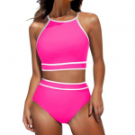 2 tk/komplekt Naiste bikiinikomplekt Halter Racer Back rinnahoidja K&otilde;rge v&ouml;&ouml;kohaga ujumisp&uuml;ksid Komplekt Sportlik v&auml;rviplokk Ujumistrikoo S must