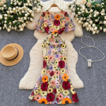 Elegantne Lilleline Tikitud &Uuml;mmarguse Kaelusega Vintage Laterna L&uuml;hikeste Varrukatega &Scaron;ikk Kitsas Merineitsi Kleit Prantsuse &Otilde;htukleit Naistele High Street R&otilde;ivad S aprikoosi