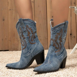 Naiste k&otilde;rgekontsaga saapad 2024klassikaline Retro tikandikujundus L&auml;&auml;ne-kauboi saapad Trendikad terava ninaga Vabaaja libukad keskpikad saapad 35 sinine