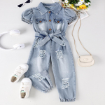 Suvine v&auml;ikeste ja keskmiste laste t&uuml;drukute rev&auml;&auml;riga puhvis l&uuml;hikeste varrukatega imitatsioon taskutega perforeeritud jalgadega denim v&ouml;&ouml;ga kombinesoon 7Y