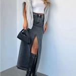 Moodne ees l&otilde;hikuga teksaseelik Naistele Kevad K&otilde;rge v&ouml;&ouml;koht Sirged Seelikud Naiste Vintage Pleekinud L&otilde;hikuga Pikk Seelik Streetwear XS hall