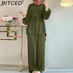 BITCED Muslimi Naiste Riided &Uuml;hev&auml;rviline Paelpinguga Kaheosaline Komplekt &Uuml;marakaelaline Top Laiade S&auml;&auml;ristega P&uuml;ksid Elegantne Naiste &Uuml;likond XXXL black