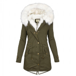 Naiste s&uuml;gis-talvine keskmise pikkusega kraavimantel valge karusnaha krae ja kapuutsiga, sooja fliisvoodriga XXL armee roheline v&auml;rv