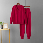 Kaheosalised naiste kootud spordi&uuml;likonnad V-kaelusega naiste kampsun, n&ouml;&ouml;riga haaremip&uuml;ksid, s&ouml;rkimisp&uuml;ksid, Pullover kampsuni komplekt, kootud v&auml;lisr&otilde;ivad One Size punane