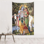 Radha Krishna koos Kamadhenuga India m&uuml;toloogia Usulised plakatid Seinavaip Tr&uuml;kitud Toakujundus Ilus kunst Seinakujundus 150x100cm(60x40in) beige