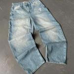 RogueWave Streetwear Jeans Y2K Meeste P&uuml;ksid Harajuku Hip Hop T&auml;hekiri Tikand Vintage Sinised Kottis Jeansid K&otilde;rge V&ouml;&ouml;koht Lai Jalg P&uuml;ksid XL sinine