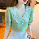 Tikitud Peter Pani krae &scaron;ifoons&auml;rk naiste l&uuml;hikeste varrukatega soliidsed suvepluusid, topsid Daami korea vintage elegantne pluus 25405 S roheline