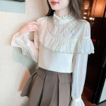 Voldisega kraega varrukatega pitspluus Naiste topid Vintage Soliidne Elegantne S&auml;rk Naine Mood Magusad s&auml;rgid Riided 29757 S aprikoosi