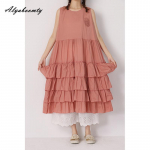 Jaapani Mori Girl Suvine Naiste Tank Midi Kleit O Kaelus Valge Roosa Must Aprikoosi Tikand Sundress Puuvillane Varrukateta Midi Volangidega kleit One Size roosa