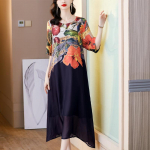 M~5XL Women Dress Large Size Elegant Printed Plants and Flowers Dress Women's Loose Long Skirt M must