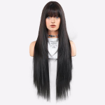 S&uuml;simust Eriti Pikk Sirge Parukas - Kihiline S&uuml;nteetiline Juukset&uuml;kk Tupsuga, Lameeriv &Uuml;marale N&auml;ole, Kuumuskindel T&auml;isparuka M&uuml;ts Naturaalse V&auml;limuse jaoks 85cm 33 inch must