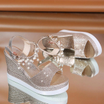 Naiste k&otilde;rged kontsad Kingad Wedges Pearl Crystal sandaalid 34 kuldne