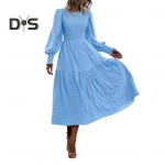 S&uuml;giskevadine naiste kleit, pikkade laternatega varrukatega A-kujuline lapiline &uuml;mmargune kaelus, &uuml;hev&auml;rviline plisseeritud boheemlas stiilis midikleit peokleit XXL helesinine v&auml;rv