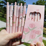 6tk Roosa tulbi geelpliiats, 0,5 mm musta tindiga Kawaii pliiatsikomplekt koolitarvete esteetilised kirjatarbed elegantsed pliiatsid