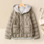 Kerge sulejope naiste l&uuml;hikese kapuutsiga &uuml;herealine lahtine sirge toruga s&uuml;gistalvine valge pardi sulemantel S khaki
