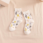 Japanese Retro Floral Gold Silk Cotton Socks for Women - Mid-Tube, Autumn & Winter Style One Size punane