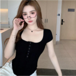 L&uuml;hikeste varrukatega T-s&auml;rk naistele suvel U-kaelusega L&uuml;hike Puhas ja &Otilde;rn Stiil, Slim ja Magus Ni&scaron;idisaini Top S must