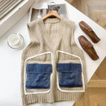 Kootud vest naistele, suur, aluss&auml;rk, varrukateta topid, l&otilde;dva l&otilde;ikega kampsunivest, paksendatud, vabaaja, &uuml;mara kaelusega vest Average Size beež