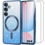 Coque et 2 verres tremp&eacute;s pour samsung galaxy s24 fe, silicone avec protection objectif et cercle magn&eacute;tique - bleu paillet&eacute;