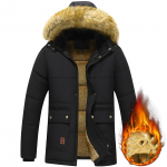 Talvine kapuutsiga meeste puuvillapolsterdatud jakk kraega ja fliisvoodriga, paksustatud, slim-fit, keskmise pikkusega puuvillapolsterdatud mantel meestele XXXL must