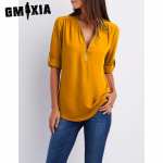 GMXIA naistemood vabaaja &uuml;hev&auml;rvilise tr&uuml;kiga pikkade varrukatega V-kaelusega pluusid ja s&auml;rgid S