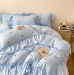 Prantsuse pehme pestud puuvillane neljaosaline komplekt, tikitud volangidega tekk voodilina 1.5m bed