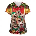 Women's V-neck Christmas printed short-sleeved pocket side-slit protective suit top XL