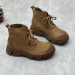 Johnature Vintage k&auml;sitsi valmistatud ehtsast nahast paksu tallaga l&uuml;hikesed saapad, &uuml;mmarguse varbaga pitsiga, veisenahast naiste kingad 35 khaki