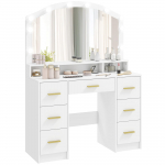 Tualettlaud 10 LED Hollywoodi tulega, peegel, 7 sahtlit, 3 sektsiooni, MDF, valge 110 x 40 x 150 cm valge