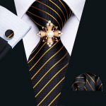 P&auml;rlipross lipsuga meestele Triibuline kuldne must kaelaside Hanky ​​mansetin&ouml;&ouml;pide pidulik kinkekomplekt N-5218 kuld/must