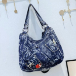 Naiste k&auml;ekott, mood, Joker, teksariidest &otilde;lakott Lady vanaaegne vabaaja teksap&uuml;ksid vaba aja veetmiseks Rhinestone'i k&auml;ekotid helesinine v&auml;rv