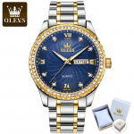 OLEVS 5565 Teemantkuldkellakalender 3 koos kinkekarbiga Teemantkuldkellakalender, 3 n&otilde;elaga helendav veekindel kvartskell meeste k&auml;ekell