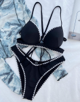 Naiste ujumistrikoo, mustad p&auml;itsed kaelaga Risti seljaga lipsud Seksikas k&otilde;rge v&ouml;&ouml;kohaga bikiinikomplekt rannar&otilde;ivad ujumiskost&uuml;&uuml;mid S must