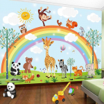 3D k&auml;sitsi maalitud multikas seinamaaling Vikerkaar Loomade Lasteaed Lapsed Beebituba Magamistoa Tapeetkleebis Kodukaunistus 280 cm(W) x 180 cm(H)