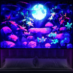 Blacklight Fantaasia Metsavaibad Trippy Mushroom UV Reactive Galaxy Kuu seinavaibad Liblika maastik magamistoa sisekujunduseks 95x73cm