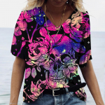 3D Skull Print Naiste suvine uus V-kaelusega l&uuml;hikeste varrukatega T-s&auml;rk vabaaja naljakas &otilde;udus Harajuku mitmek&uuml;lgne Y2K riietus XS-6XL S