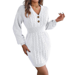 Naiste s&uuml;gisel ja talvel populaarne n&ouml;&ouml;biga V-kaelusega praetud taigna keerdumine laternaga varrukatega, villane kleit S valge