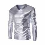 Meeste top Slim Fit V kaelusega pikkade varrukatega T-s&auml;rk Trendikas l&auml;ikiv pronksja l&auml;ikega meeste pluus pidude lavale L must