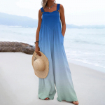 Naiste kombinesoonid vabaajaprinteriga laia jalaga kombinesoonid, rinnahoidjaga varrukateta rihmad, taskutega r&otilde;ivad L sinine