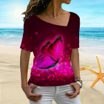 Naiste 3D luminofoorliblikaga tr&uuml;kkimine ilutulestik &otilde;itsev ebaregulaarne krae l&uuml;hikeste varrukatega naiste T-s&auml;rk XS sinine