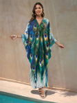 EDOLYNSA 2024 Green Peacock Plume Tr&uuml;kitud rannakleit V-kaelusega k&uuml;lgmine pool, pluss Suurus Kaftan Suvine Boho ujumistrikoo kate naistele Hubane majar&uuml;&uuml; Q1588 One Size roheline
