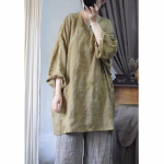 Johnature Naine kevadine isikup&auml;ra tikandid Vintage pikkade varrukatega s&auml;rk Hiina stiilis vaba vabaaja retros&auml;rk One Size tume khaki v&auml;rv