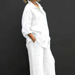 Naiste linane vabaajas&auml;rk 2-osaline komplekt Moodne rev, pikkade varrukatega n&ouml;&ouml;biga pluus ja p&uuml;ksid, kost&uuml;&uuml;mid, lahtised laiad p&uuml;ksid, &uuml;likonnad XXXL