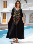 EDOLYNSA &Scaron;ikk etnilises stiilis tikandid must Kaftan V kaelusega nahkhiire varrukatega lahtine r&uuml;&uuml; Naiste rannapikk kleit 2024 suvised ujumisriided, kate Q1694 One Size must