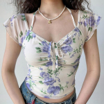 Prantsuse lilledega tr&uuml;kitud v&otilde;rkpluusid V-kaelusega naiste retro-t&uuml;&uuml;pi l&uuml;hikeste varrukatega T-s&auml;rk &otilde;hukese v&ouml;&ouml;kohaga, suvemoodsed vintage-topsid L lilla