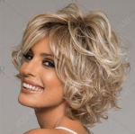 Euroopa ja Ameerika naiste moodne esipitsiga kuumakindel igap&auml;evaseks kasutamiseks m&otilde;eldud naturaalse v&auml;limusega ombre parukas kohevate blondide l&uuml;hikeste lokkidega kuld