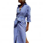 S&uuml;giskevadine naiste kleit-s&auml;rk, t&uuml;&uuml;p, alla keeratav krae, kolmveerandvarrukatega A-line &uuml;herealine pits-k&otilde;rge v&ouml;&ouml;kohaga vabaaja l&otilde;hestatud &auml;&auml;risega maksikleit L sinine