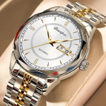 Meeste t&auml;isautomaatne mehaaniline k&auml;ekell, veekindel helendav roostevabast terasest rihm, trendikas randmekell valge