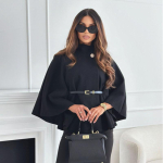 Naise mantel Cape Villane Tviid Pont&scaron;o paks s&uuml;gistalvine naiste &uuml;he pandlaga nahkhiire varrukatega mantel Elegantne soe avar v&auml;lisriietus 2024 XL must